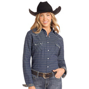 Womens Navy Novelty Stripe Long Sleeve Shirt