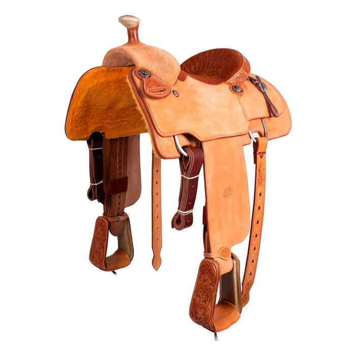 Natural 1/8 Breed Floral with Full Rust Seat Calf Roping Saddle