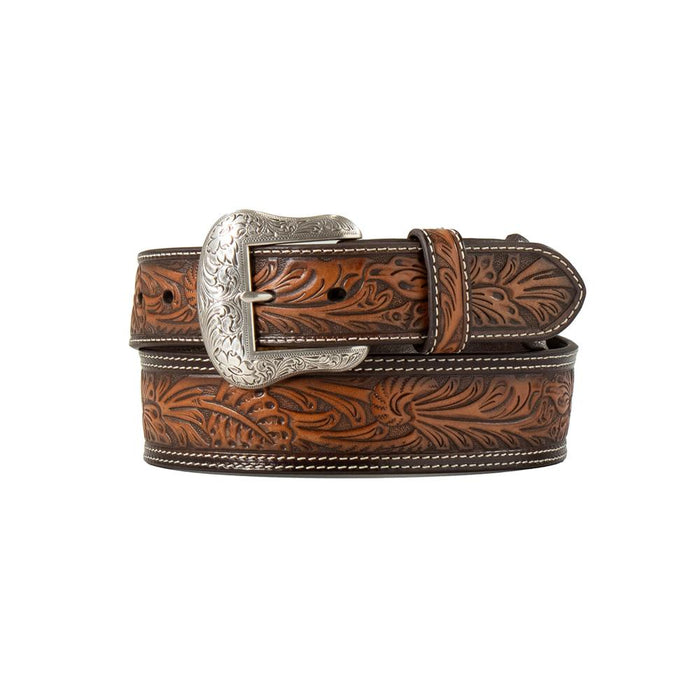 M+F Western Nocona Mens Embossed Scrolling Tapered Brown Western Belt