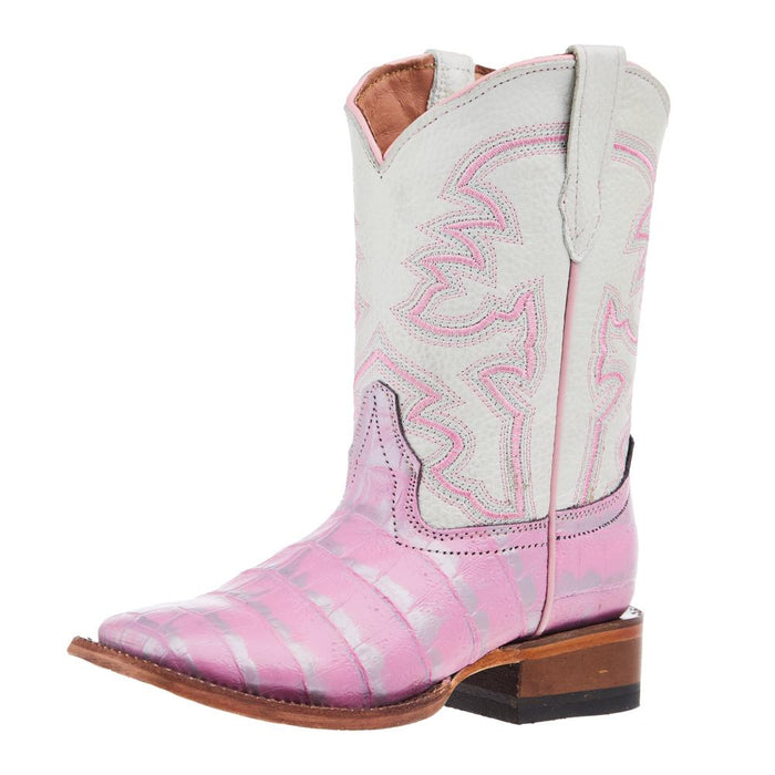 Girls Pink And Silver Caiman Print Square Toe Boots