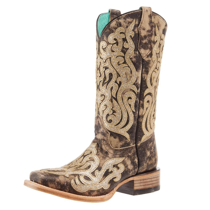 Brown Glitter Embroidery And Overlay Square Toe Boot