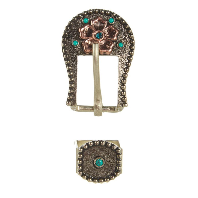 Turquoise Dot With Copper Flower 3/4in Buckle Set