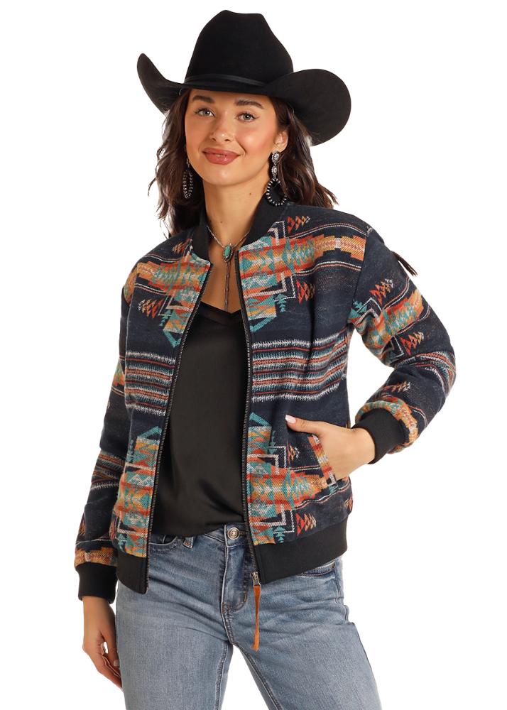 Rock & Roll Denim N Womens Charcoal Aztec Bomber Jacket