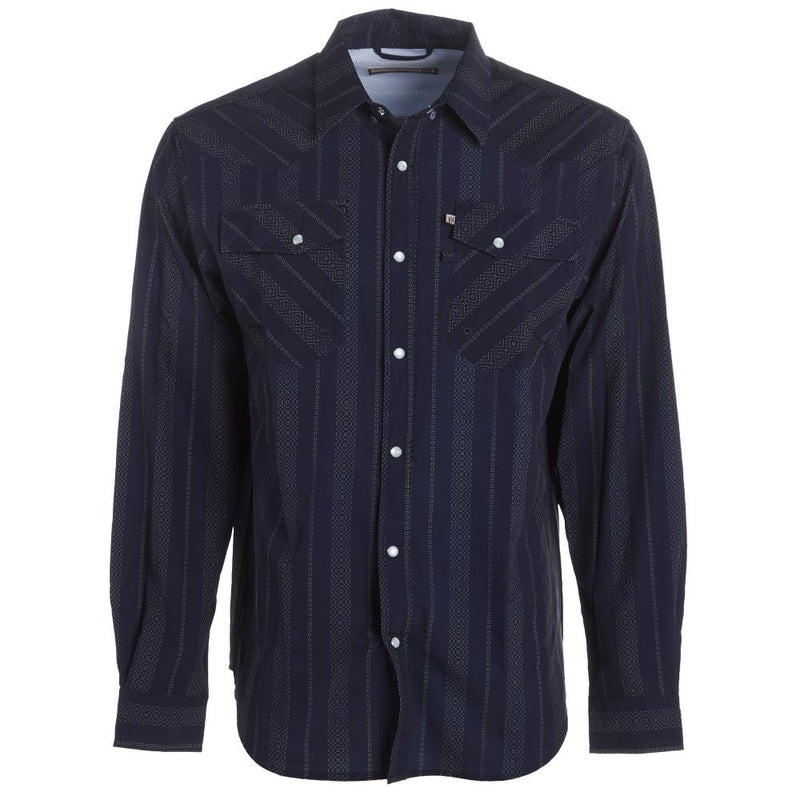 Mens Sandhill Ranch Navy Stripe Long Sleeve Pearl Snap Shirt