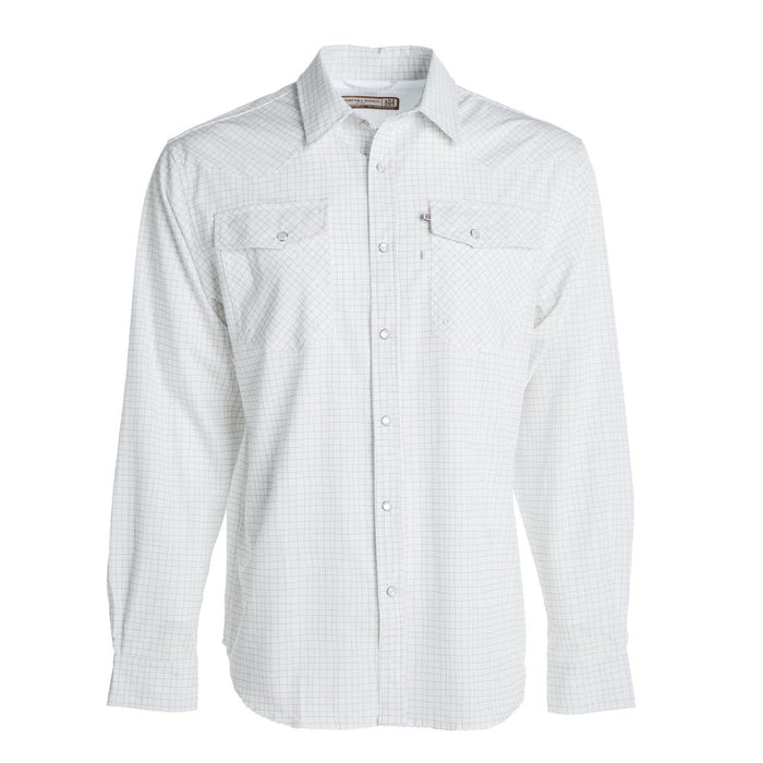 Mens Sandhill Ranch White Grid Print Long Sleeve Pearl Snap Shirt