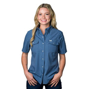 Womens Blue Vented Pearl Snap Shirt