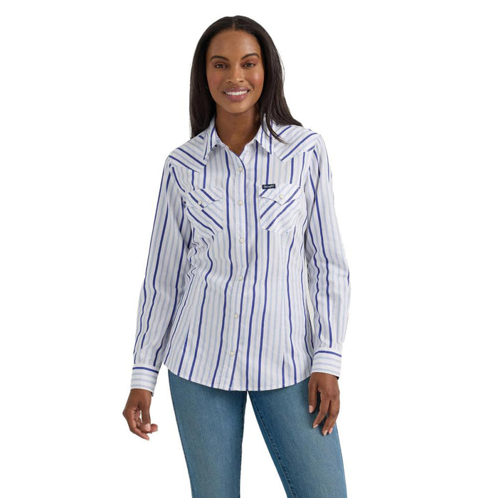 Womens Blue Stripe Snap Shirt