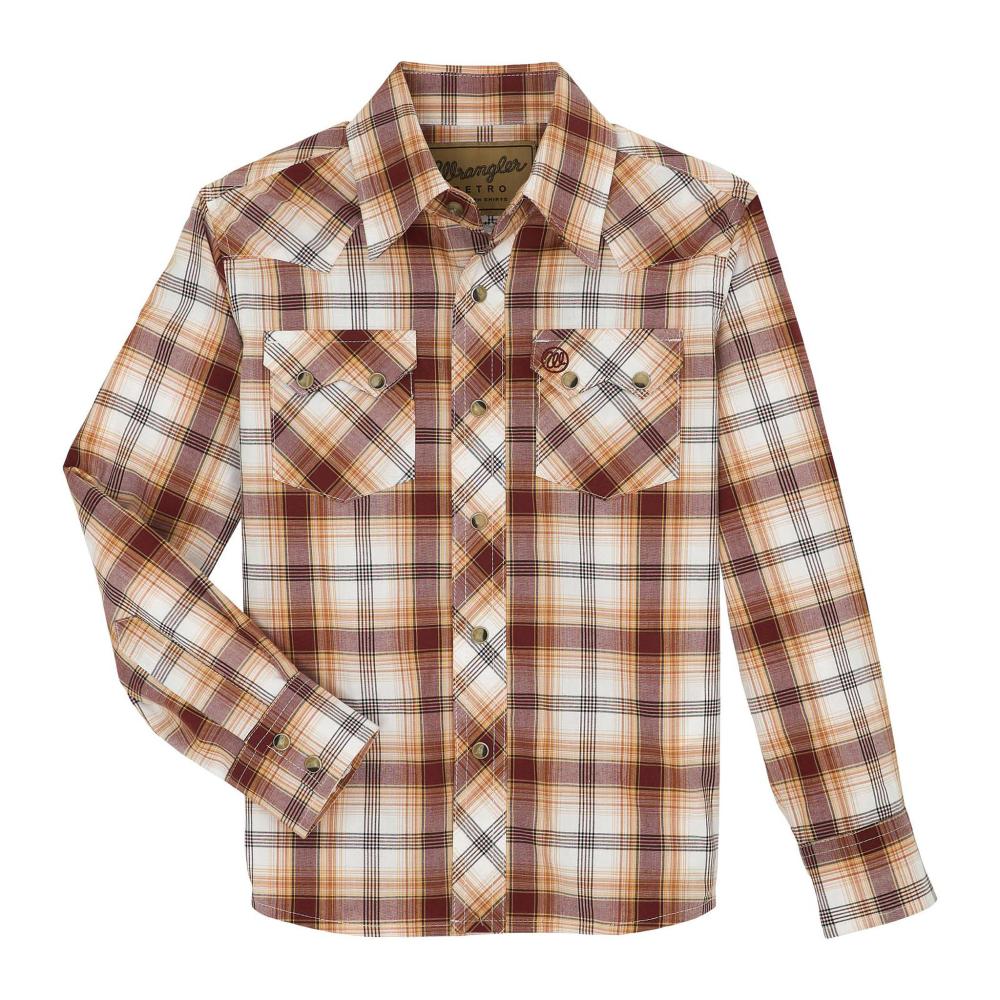 brown checkered dress shirt Wrangler Boys Brown Plaid Retro Long Sleeve Shirt