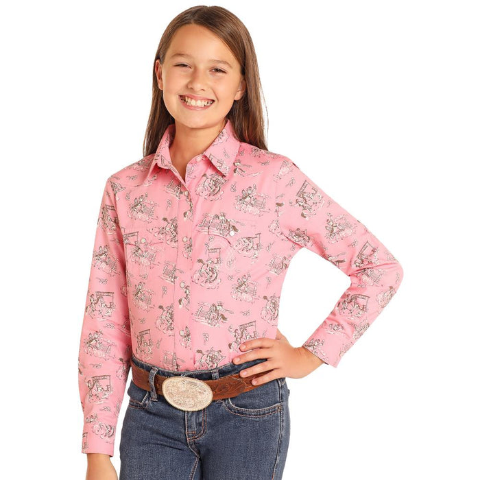 Girls Pink Rodeo Print Snap Shirt