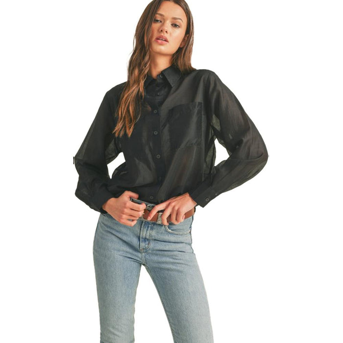 Wom Black Sheer Collared Button Top