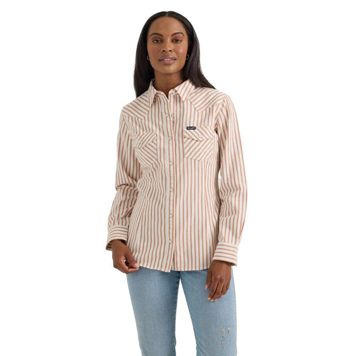 Womens Tan Stripe Long Sleeve Snap Shirt
