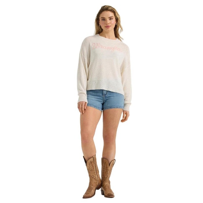 Womens White Gauzy Knit Logo Sweater
