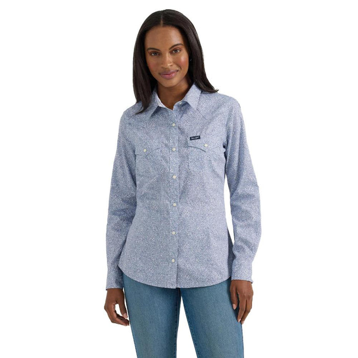 Womens Floral Blue Western Long Sleeve Snap Shirt