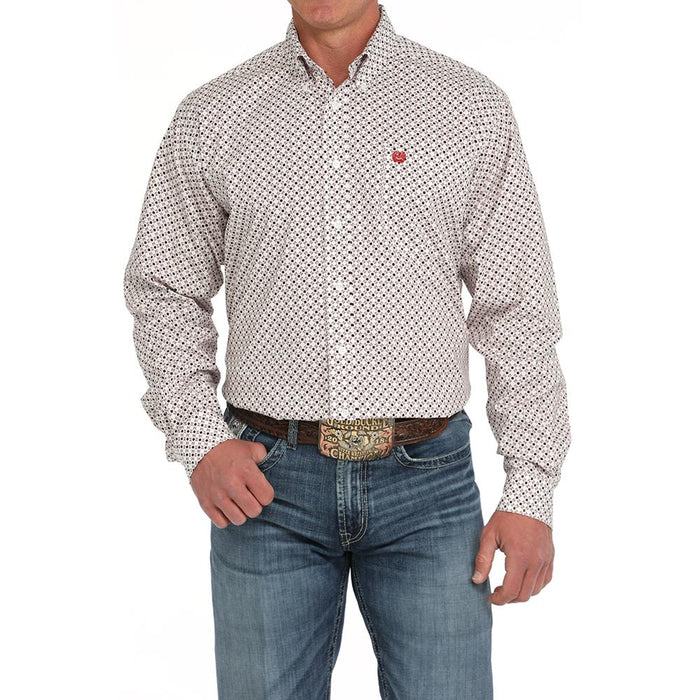 Mens White Print Classic Button Shirt