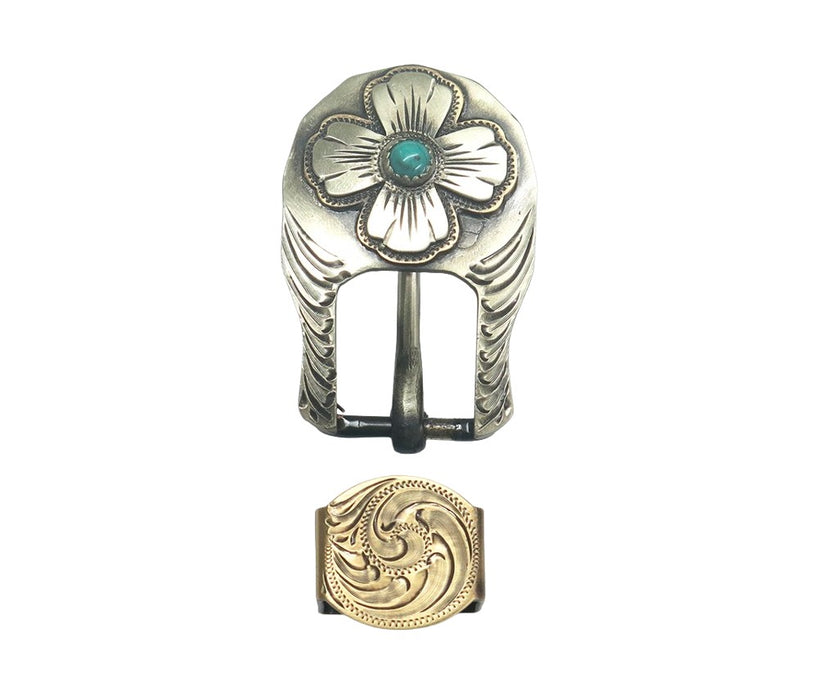 Turquoise 4 Petal Silver Flower 3/4" Buckle And Keeper