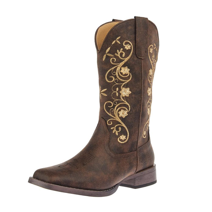 Women`s Bailey Brown Leather Vamp 12In Floral Embroidered Top Boot