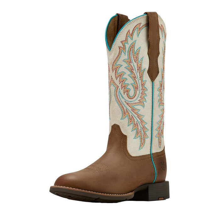Women`s Round Up Tan Vamp 13In White Embroidered Top Boot