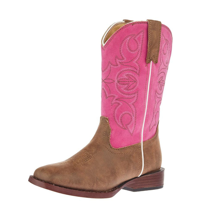 Kids Ainsley Tan Faux Leather and Pink Vintage Shaft Cowgirl Boot