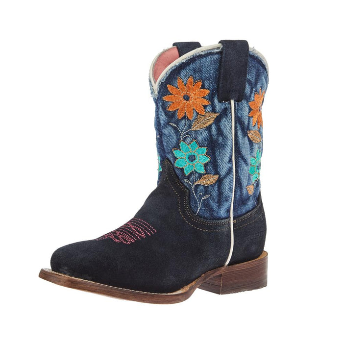 Kid`s Flower Power Blue Suede and Denim Shaft Cowgirl Boot