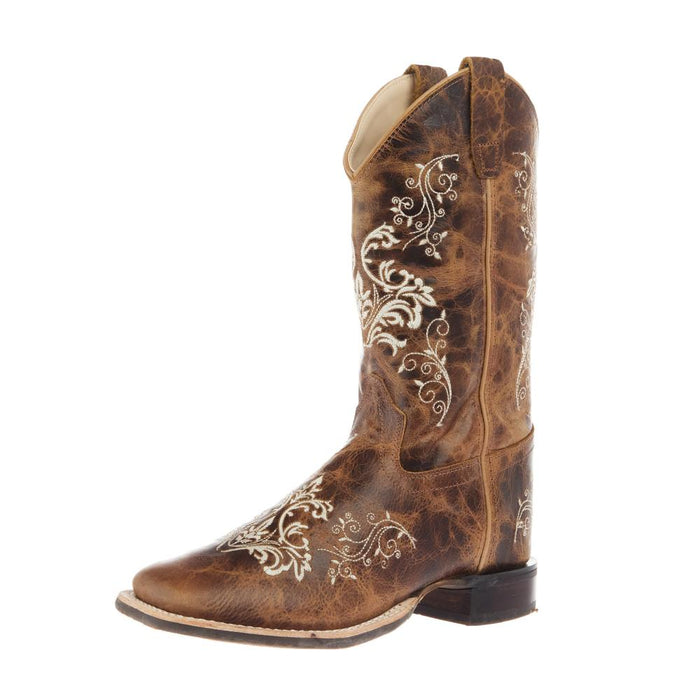 Youth Burnt Tan Embroidered Square Toe Boot