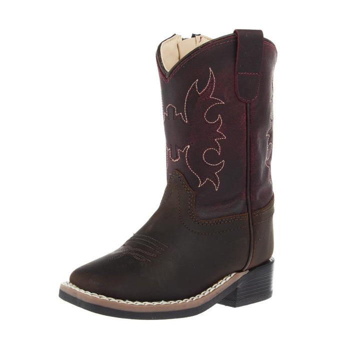 Toddlers Brown Square Toe and Burgundy Shaft Boot