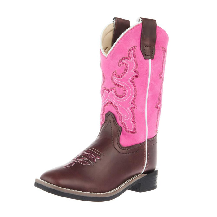 Childrens Dark Brown Square Toe with Pink Shaft Boot