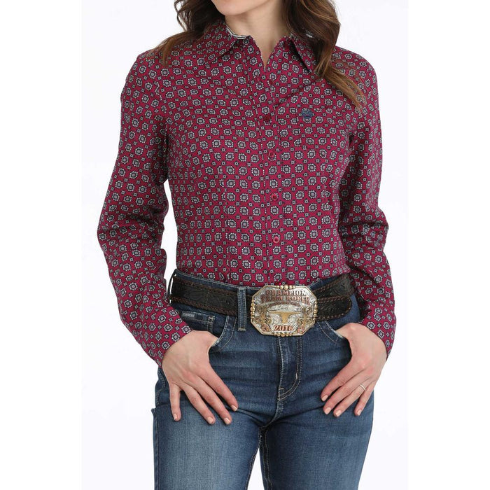 Ladies Burgundy Medallion Print Button Down