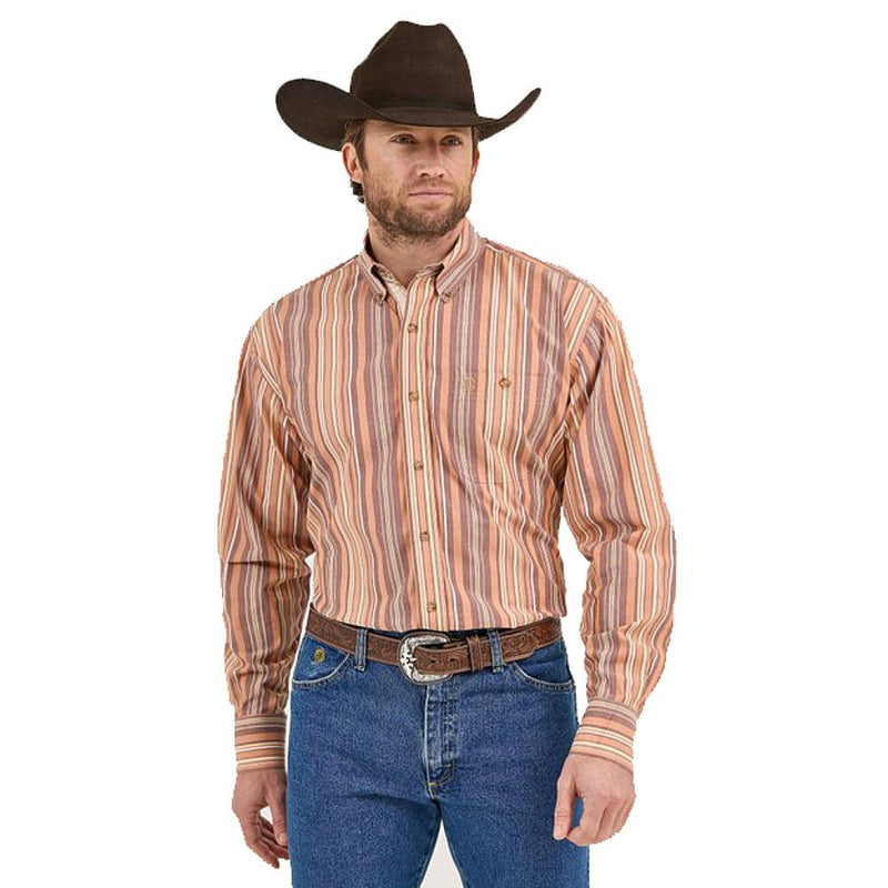 Mens George Strait Brown Stripe Long Sleeve Button Down Shirt