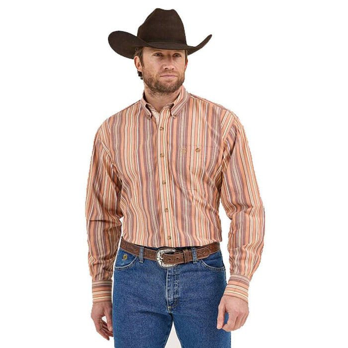 Mens George Strait Brown Stripe Long Sleeve Button Down Shirt
