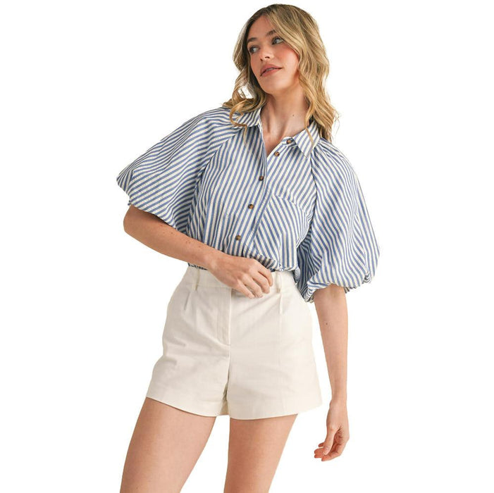 En Wom Blue Stripe Button Top