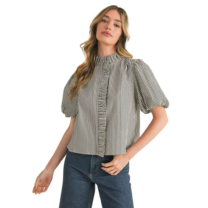 En Wom Denim Blue Stripe Ruffle Top