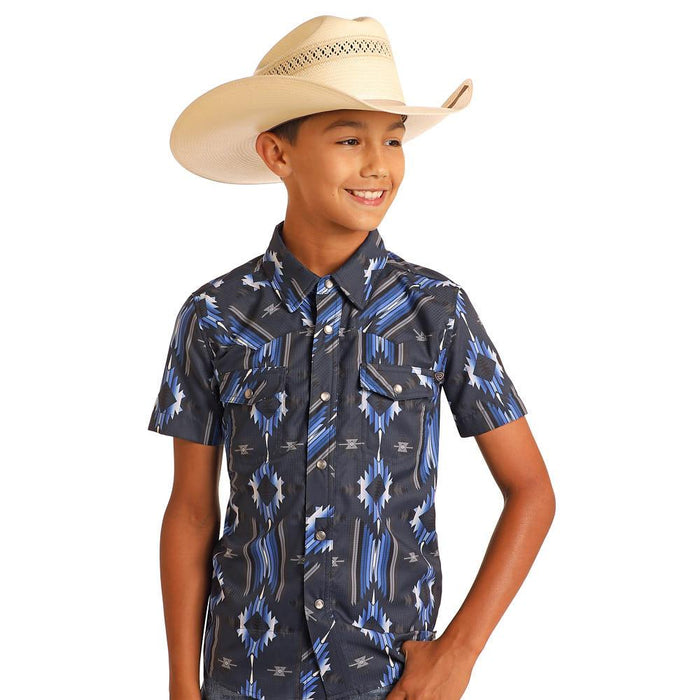 n Boys Navy Aztec Tek Western Short Sleeve Snap Shirt