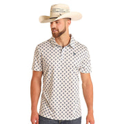 Men's White Geo Print Short Sleeve Polo