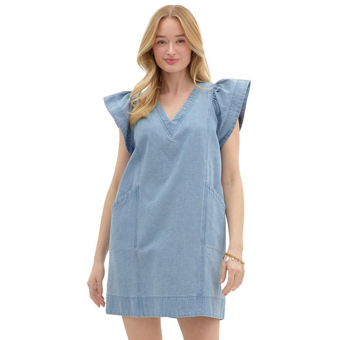Womens Light Blue Ruffle Sleeve Mini Dress
