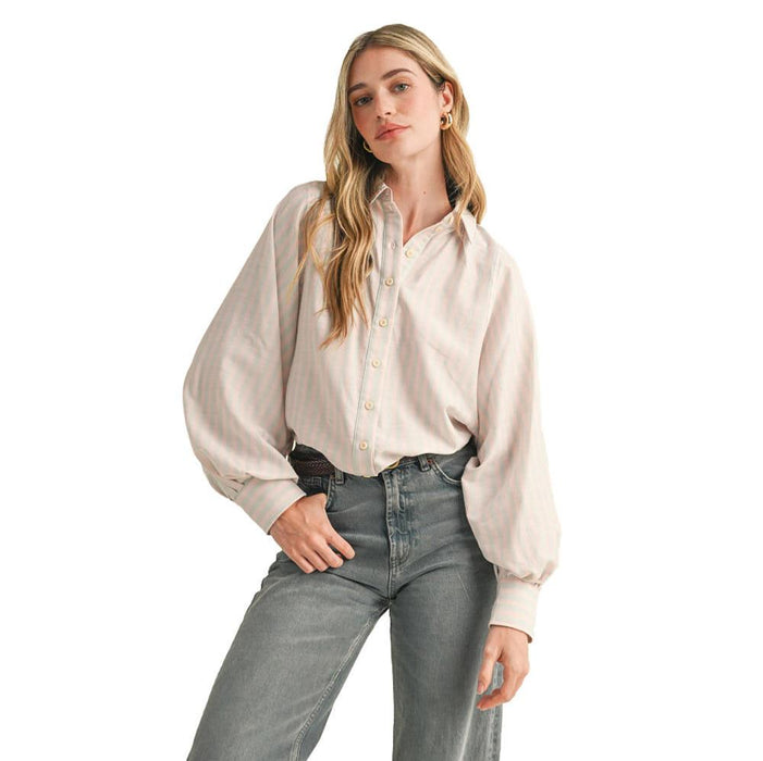En Wom Pink Blue Stripe Batwing Top