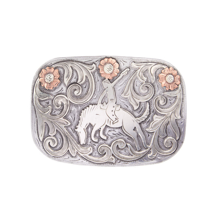 Bronc Belt Buckle with Copper Flowers and Engraved Iron