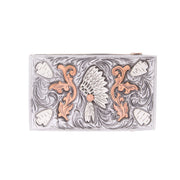 Indian Headress Belt Buckle with Copper Scroll Headresses and Engraved Iron