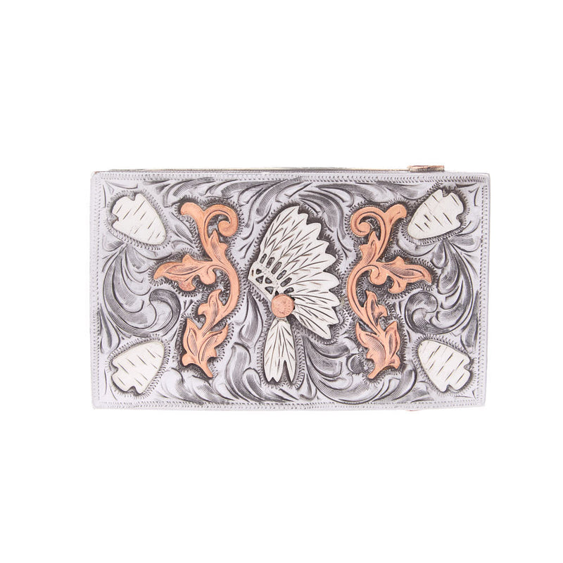 Indian Headress Belt Buckle with Copper Scroll Headresses and Engraved Iron