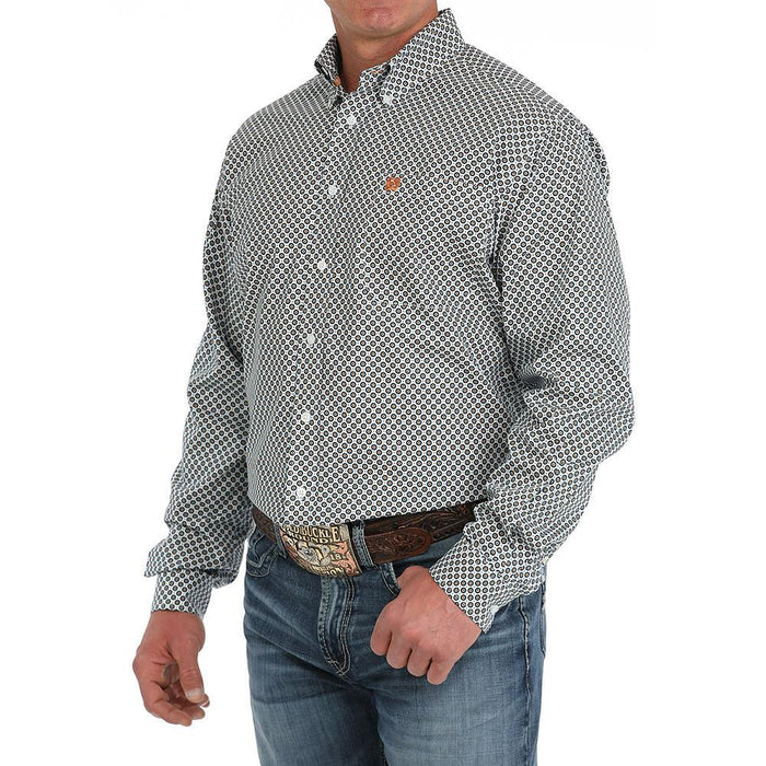 Mens White Geometric Print Classic Fit Long Sleeve Button Down Shirt