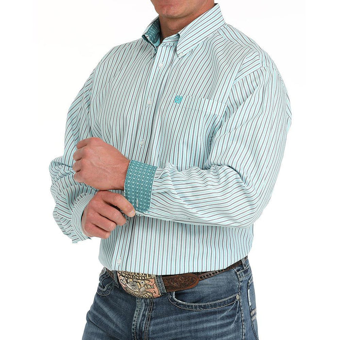 Mens White Stripe Tencel Long Sleeve Button Down Shirt