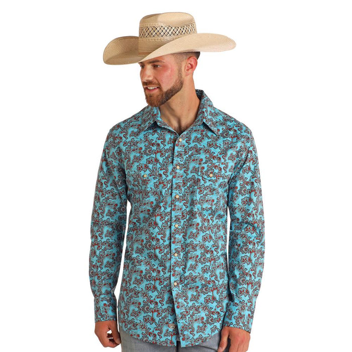 Mens Turquoise Paisley Print Long Sleeve Button Down Shirt