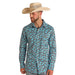 Mens Turquoise Paisley Print Long Sleeve Button Down Shirt