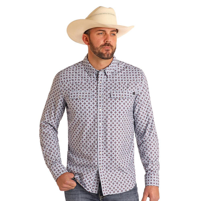 Mens White Geo Print Tek Long Sleeve Shirt