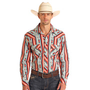 Mens Red Aztec Serape Stripe Long Sleeve Shirt