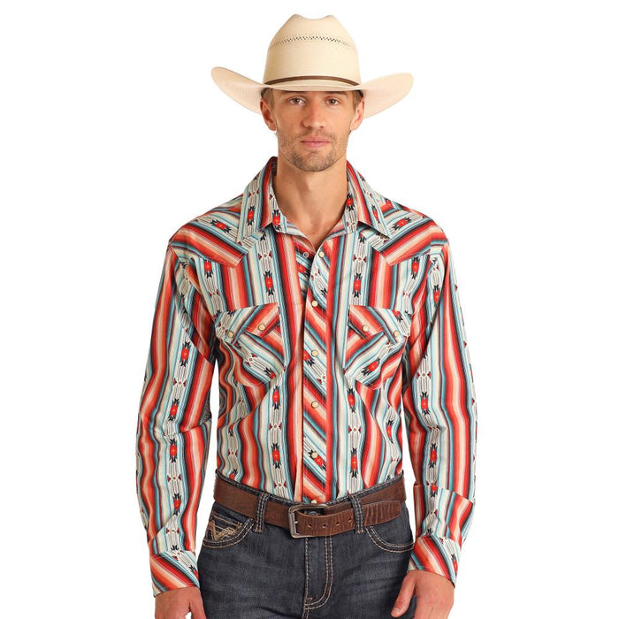 Mens Red Aztec Serape Stripe Long Sleeve Shirt