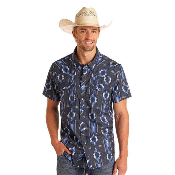 Mens N Navy Aztec TEK Short Sleeve Snap Shirt