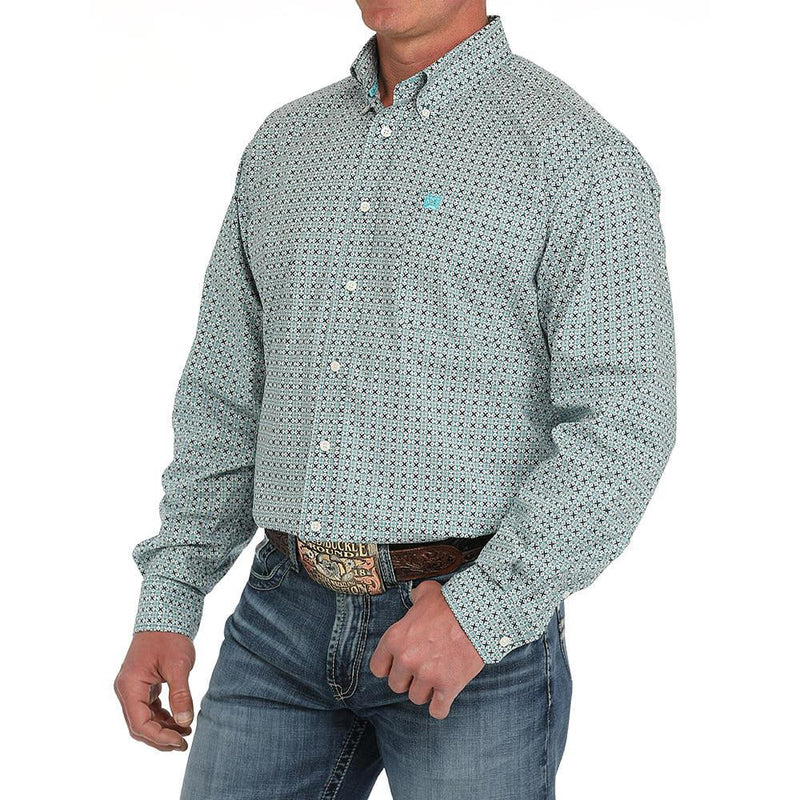 Mens Cream Geo Print Long Sleeve Button Down Shirt