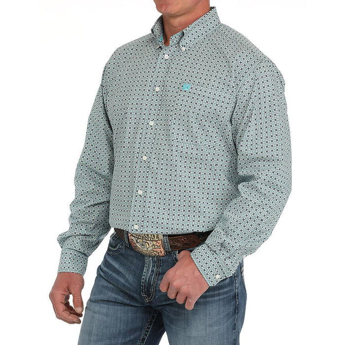 Mens Cream Geo Print Long Sleeve Button Down Shirt