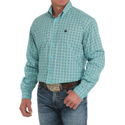 Mens Turquoise Print Long Sleeve Button Down Shirt