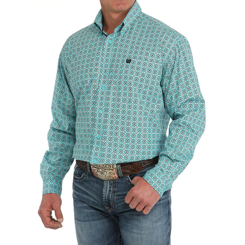 Mens Turquoise Print Long Sleeve Button Down Shirt